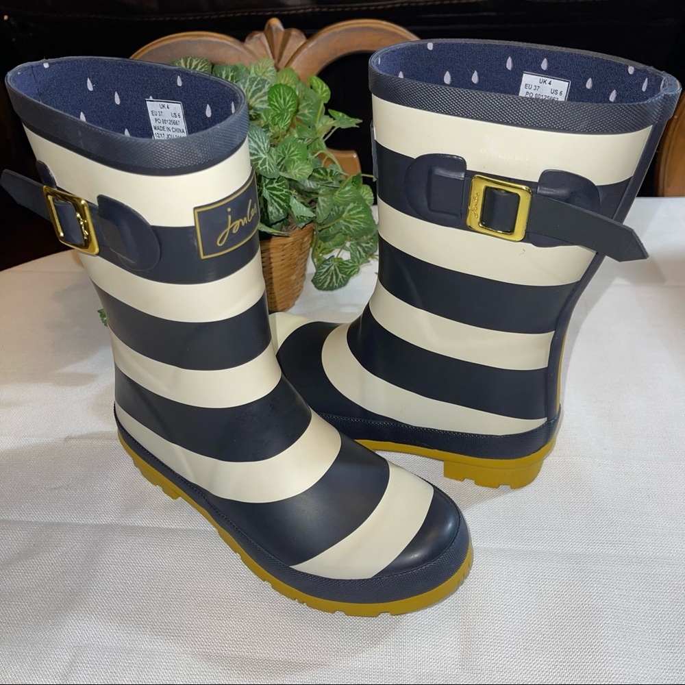 Joules Mid Molly Welly Navy Wide Stripe Rubber Boots Sz 6